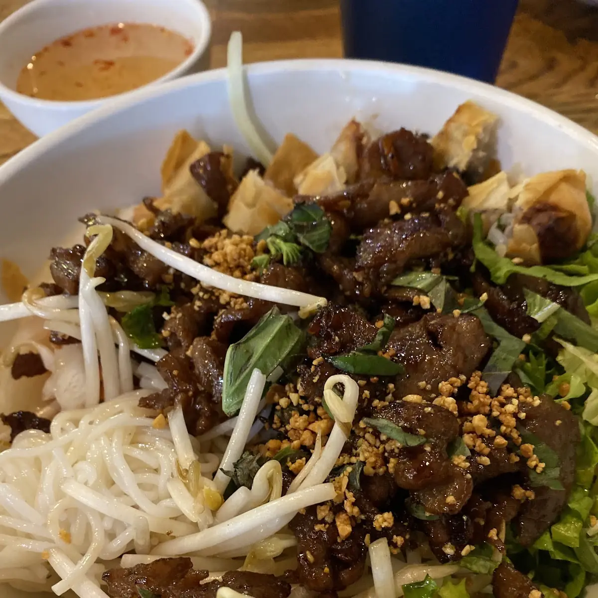 Rice Vermicelli with Grilled Pork and Egg Rolls
