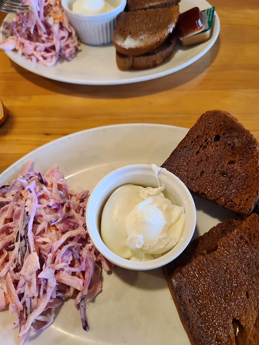 Poached Eggs with Side Order of Dark Rye and Coleslaw, Sunset Grill
