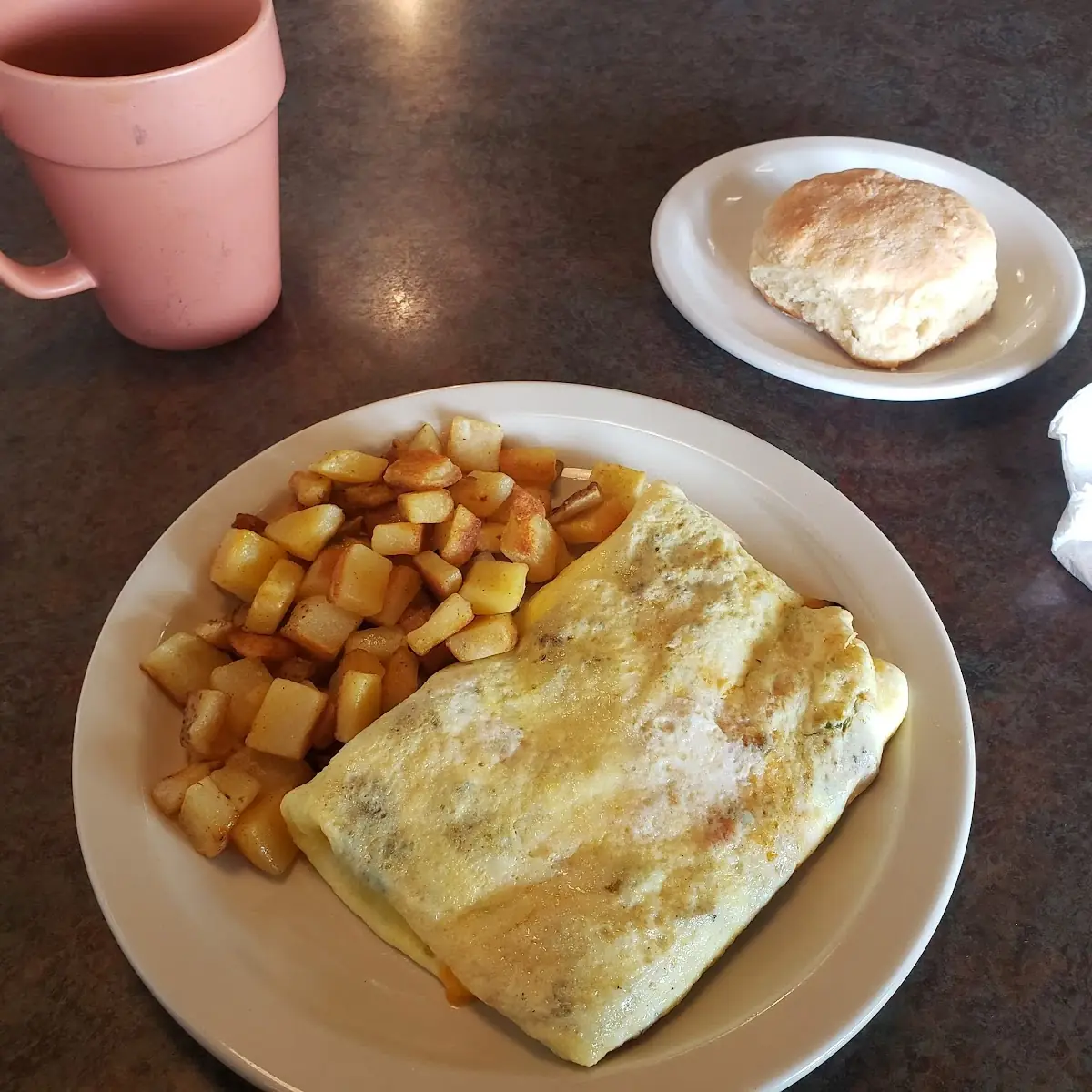 Home Fries Veggie Omelette and Biscuit