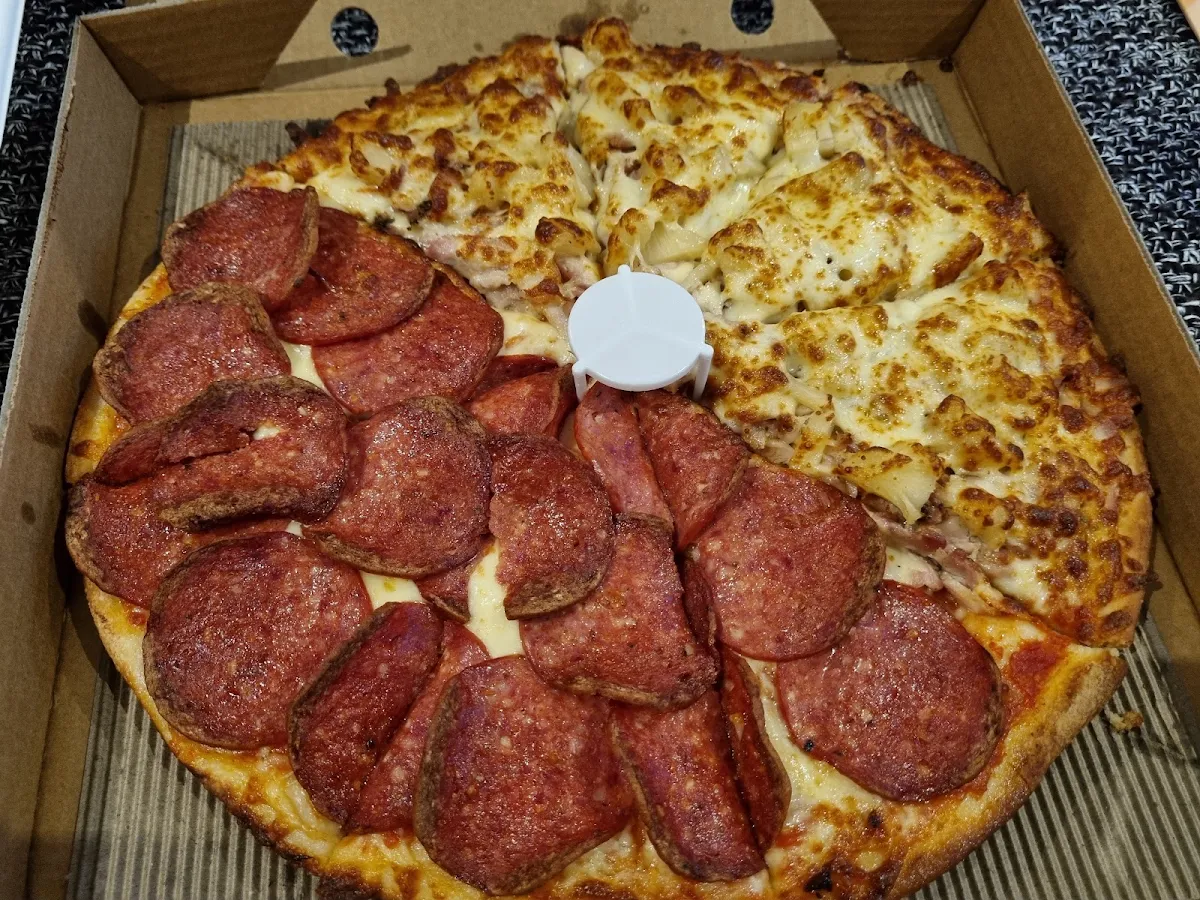 Half and Half Pepperoni & Chicken Hawaiian Pizza, Adrianos Pizza & Pasta