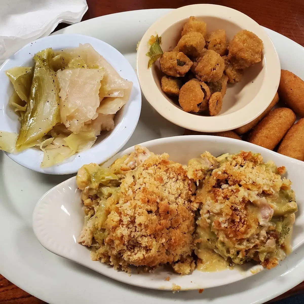 Chicken Broccoli Casserole Fried Okra and Cabbage