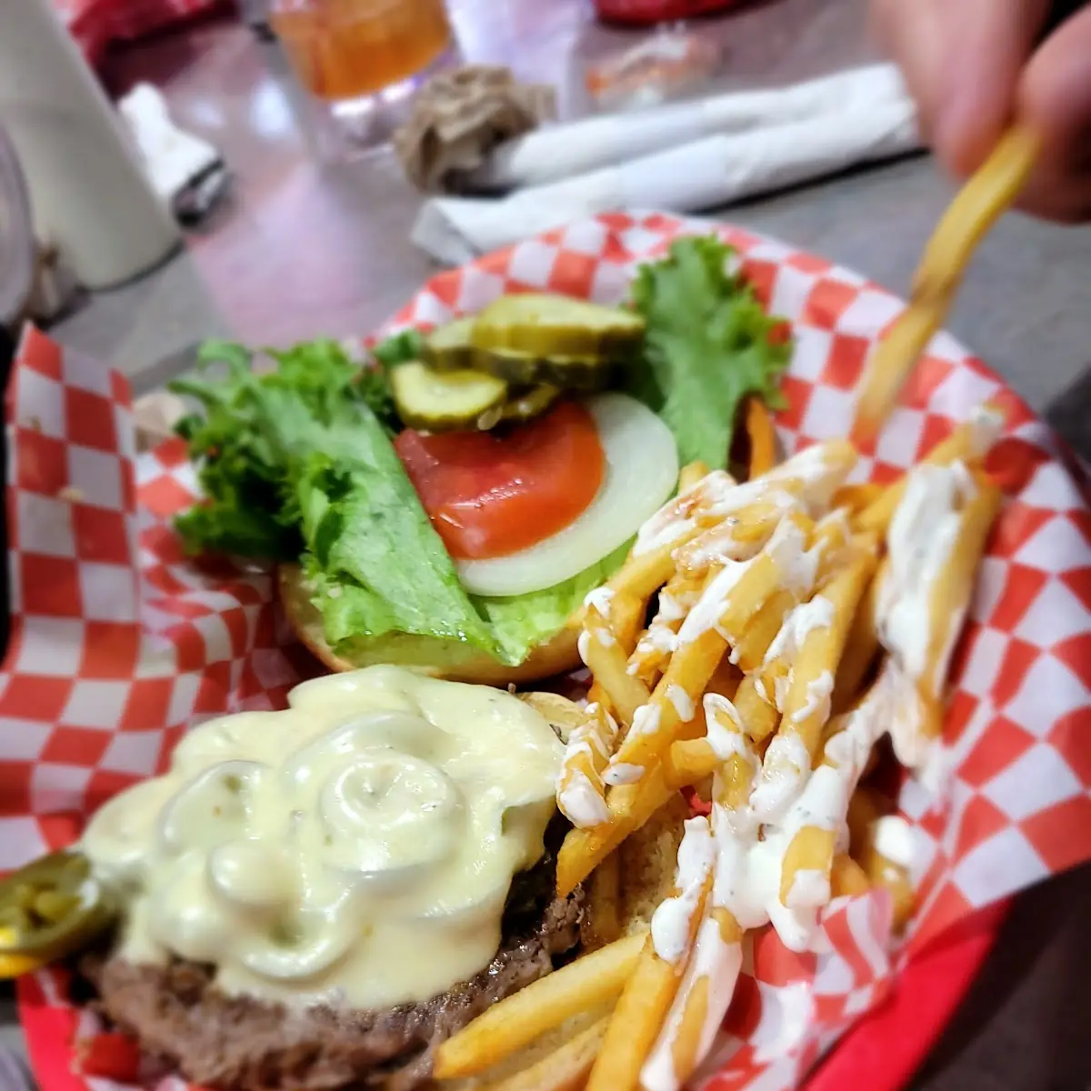 Cheese Burger Deluxe and Fried Pickles