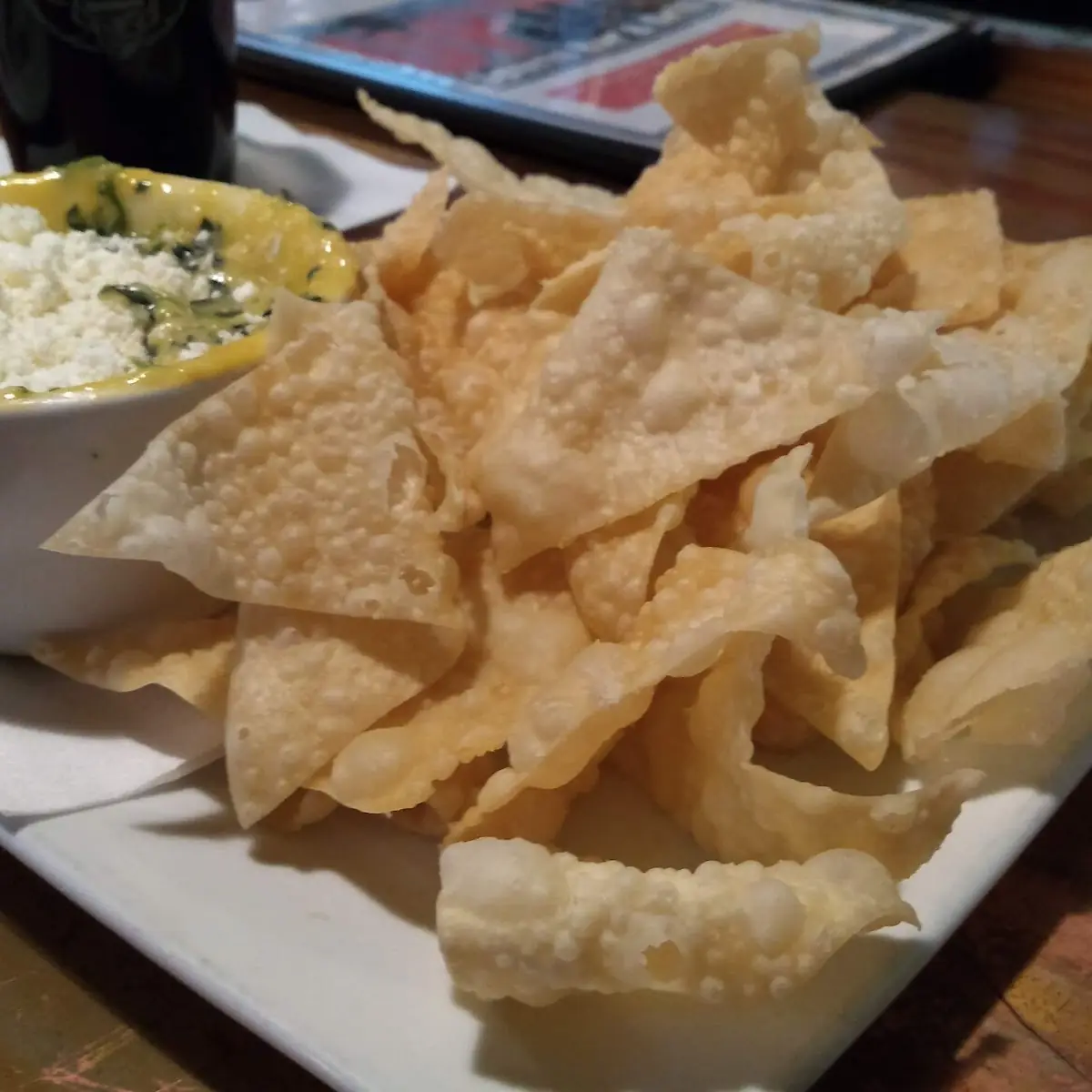 Spinach Artichoke Dip with Won Ton Chips