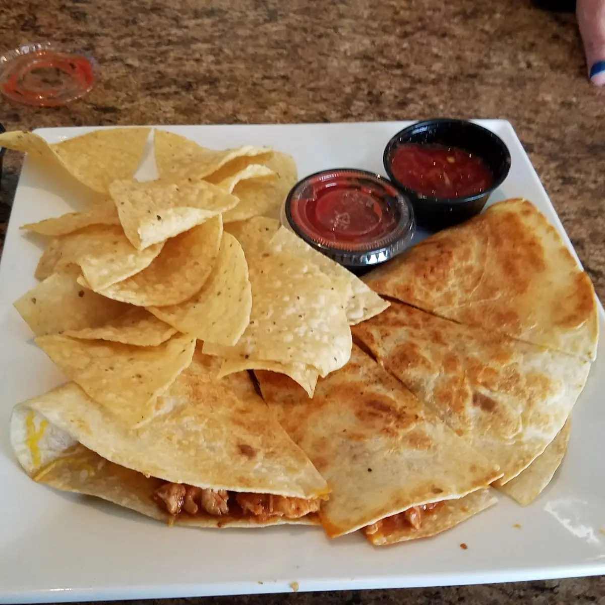 Chicken Quesadillas w Chips Queso Dip