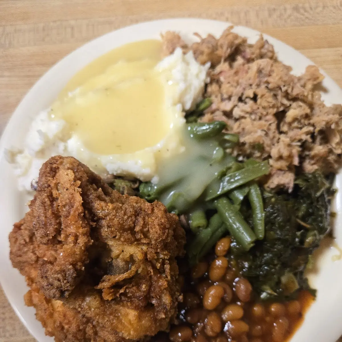 Fried Chicken BBQ Green Beans and Mashed Taters with Gravy