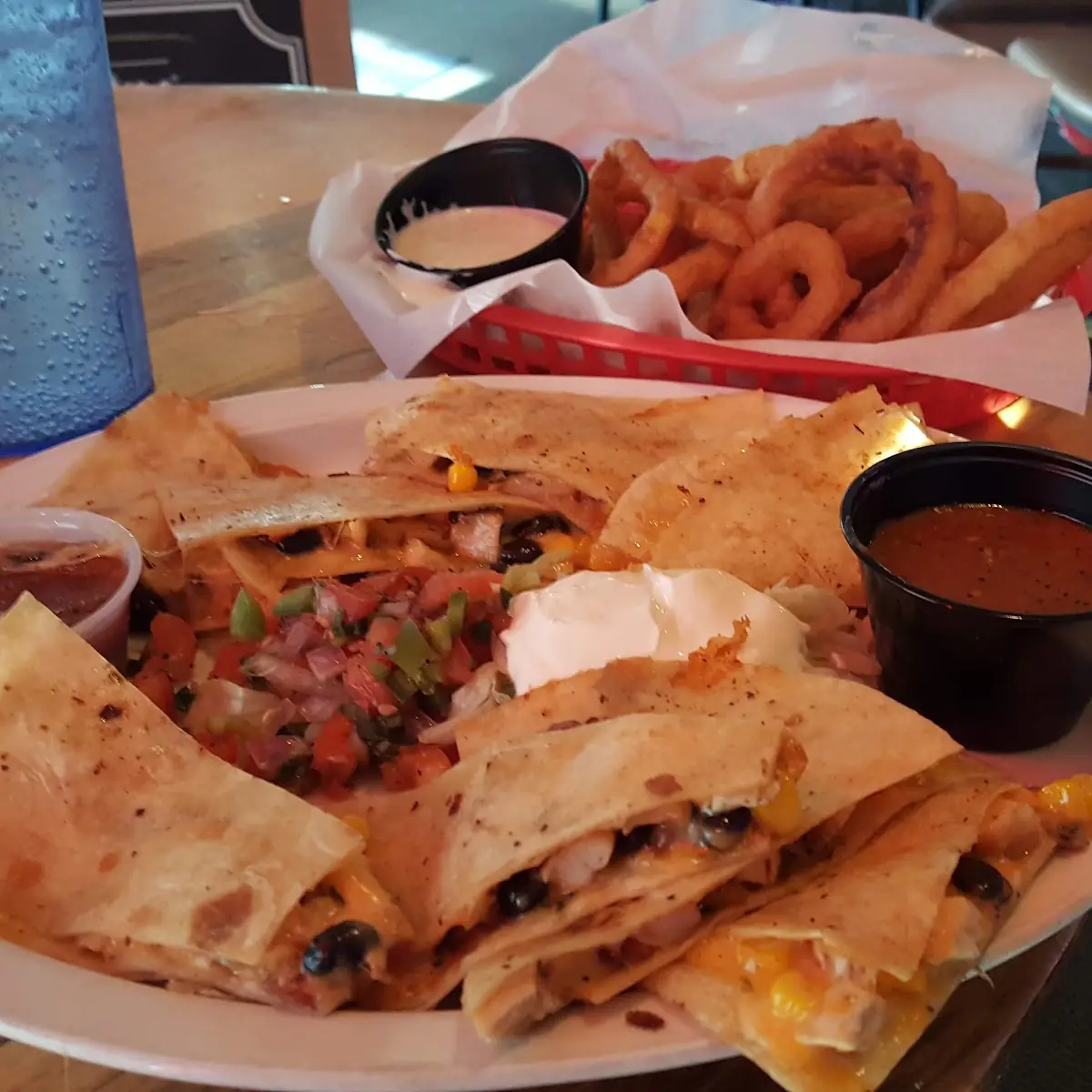 Chipotle Chicken Quesadilla w a Side of Onion Rings