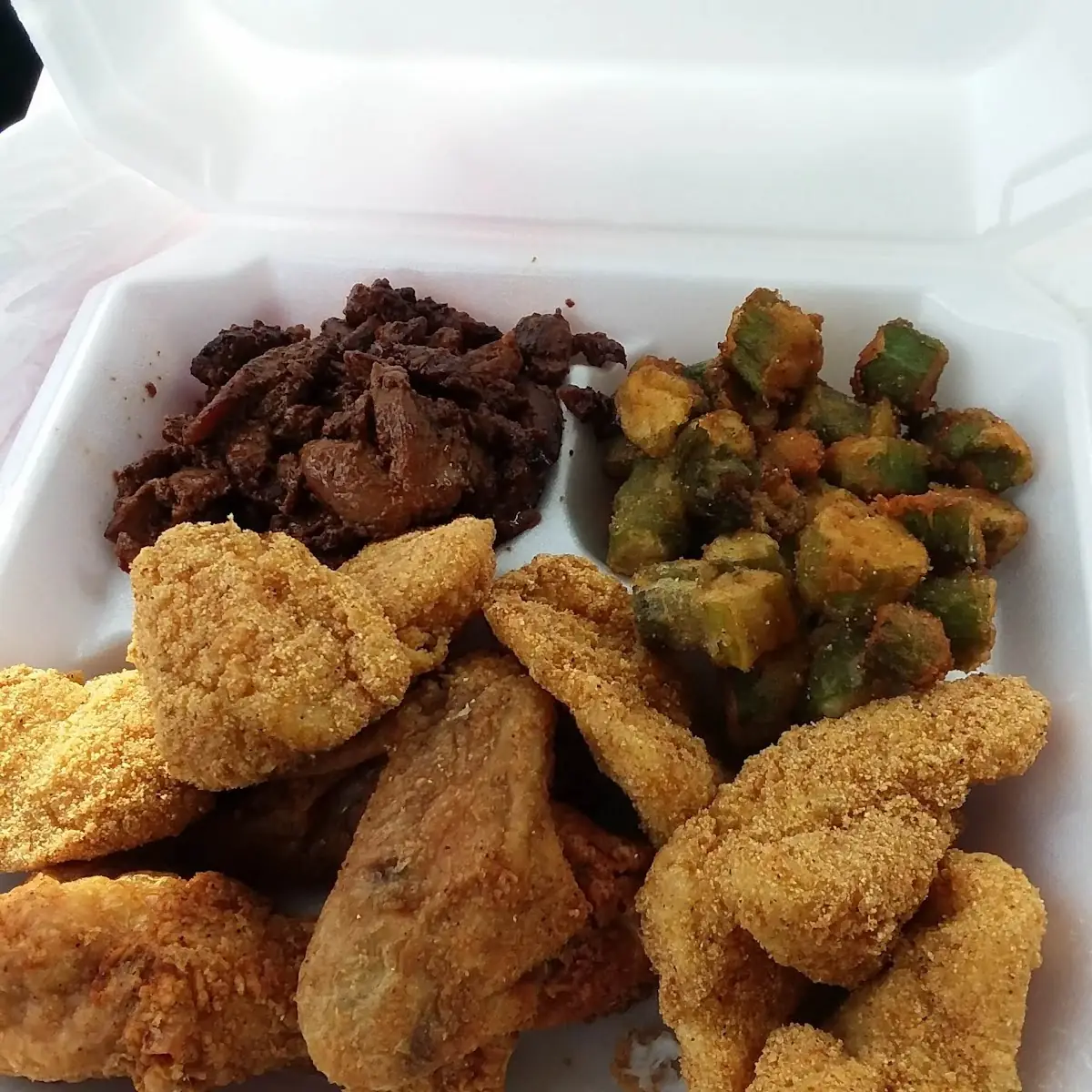 Fried Fish Chicken and Okra Bourbon Chicken over Rice