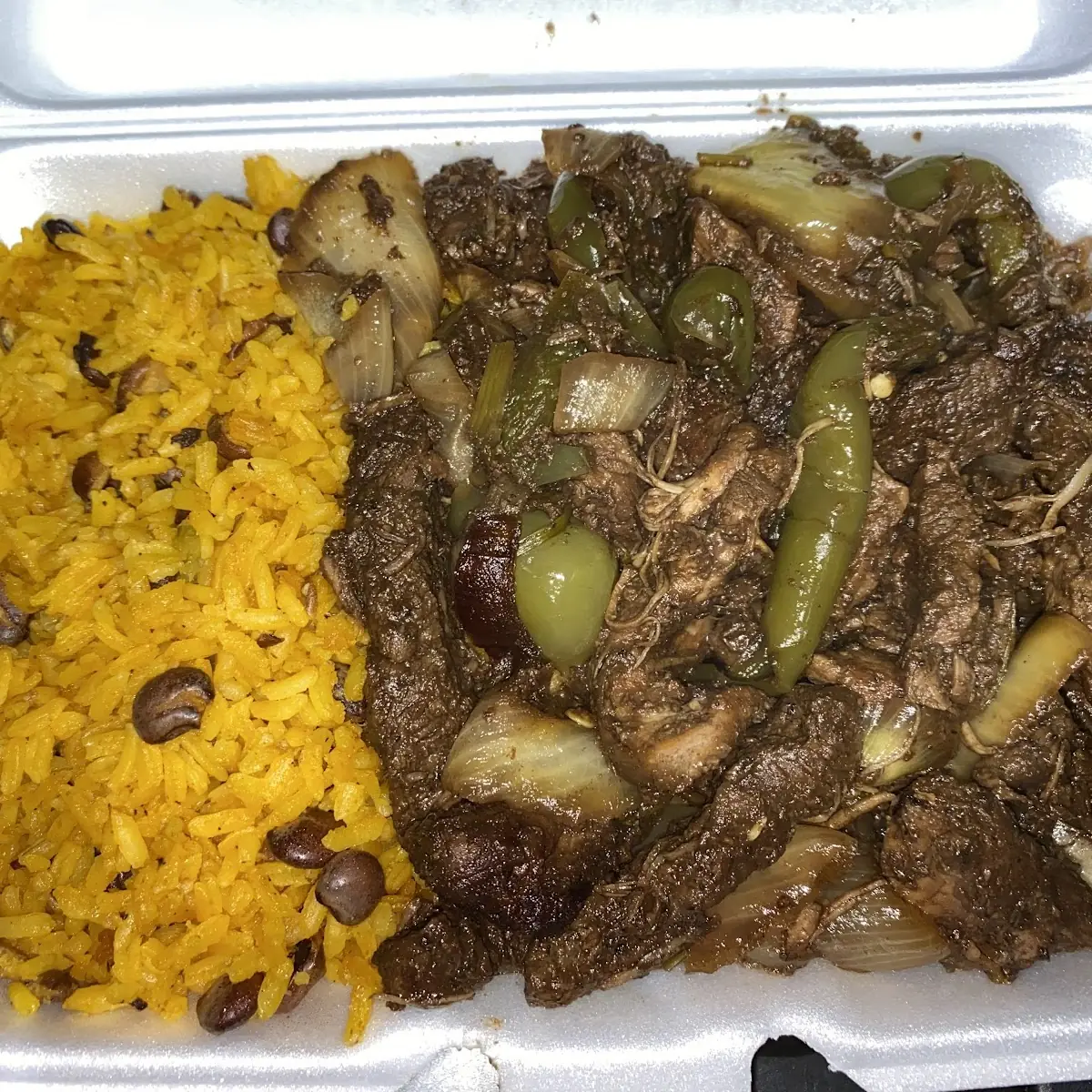 Pepper Steak with Rice & Peas