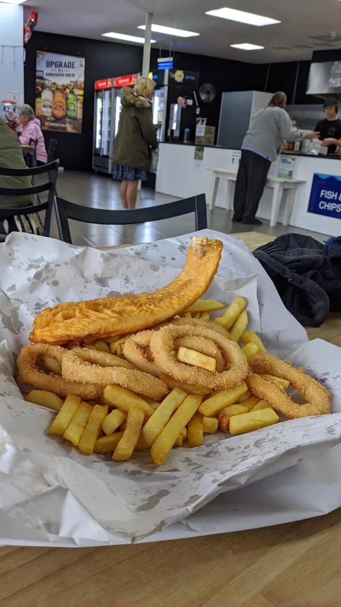 Battered Butter Fish and Chip with Crumbed Calamari Gluten Free, J F & C