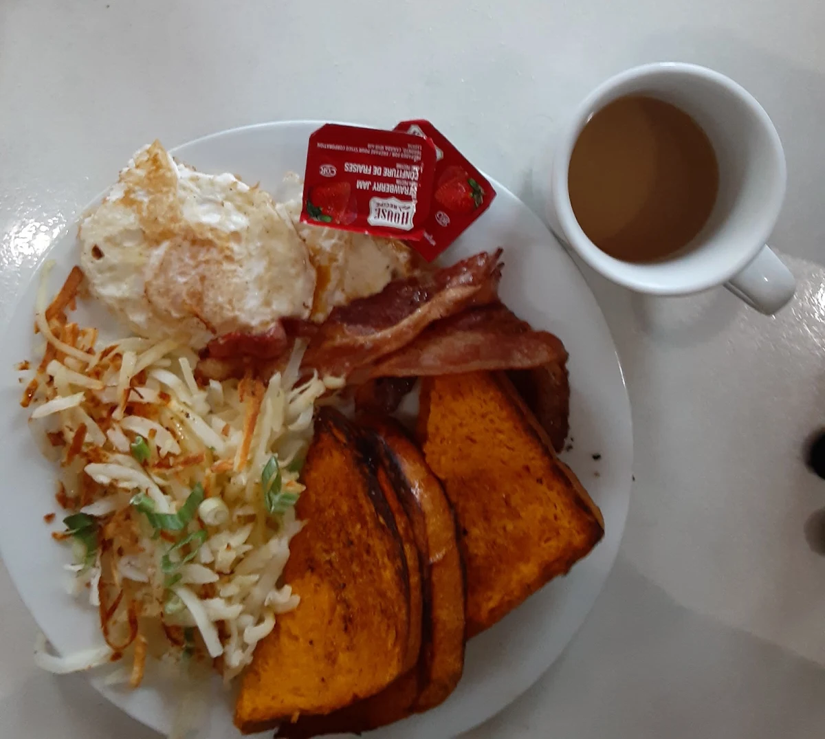 Bacon and Eggs with Shredded Hashbrowns & Sweet Potato Bread
