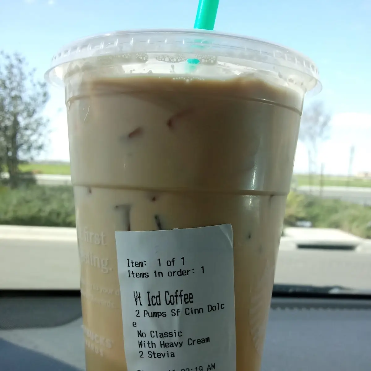 Venti Iced Coffee 2 SF Pumps Cinnamon Dolce 2 Stevia with Heavy Cream