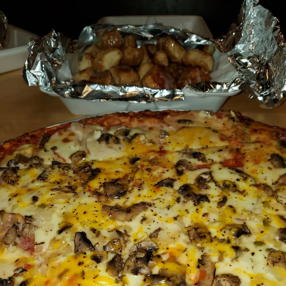 Ham and Mushroom Pizza and Monkey Bread