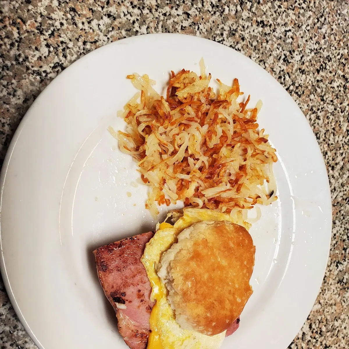 Ham Egg and Cheese Biscuit and Hashbrowns
