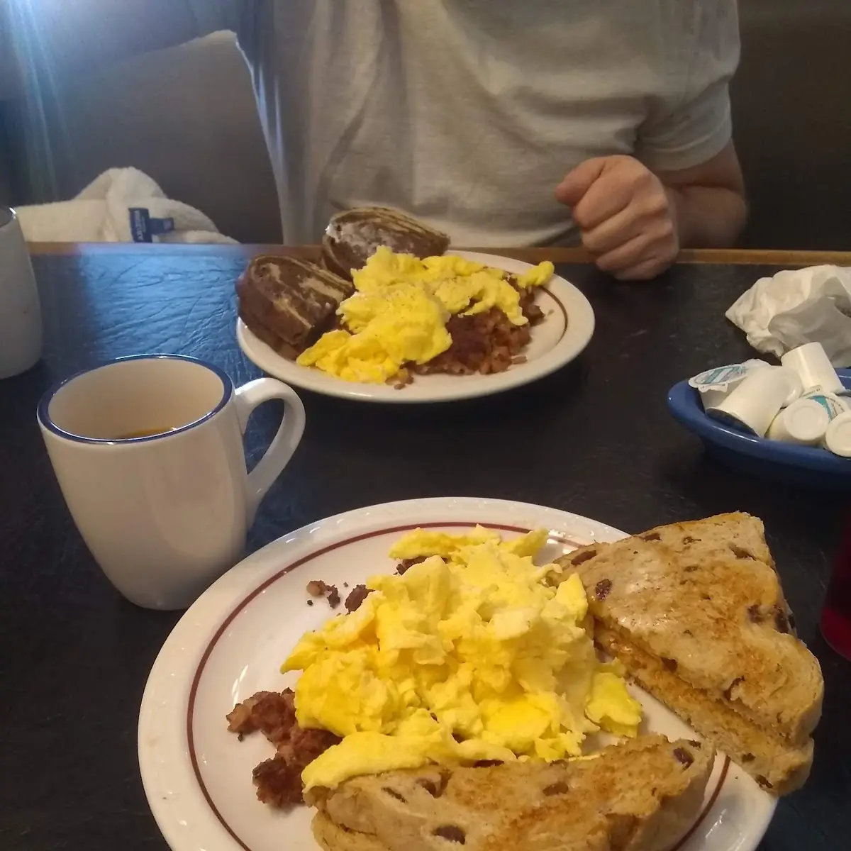 Scrambled Eggs with Hash and Toast and Coffee