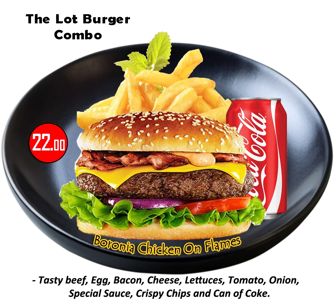 Burger Combo, Boronia Chicken on Flames