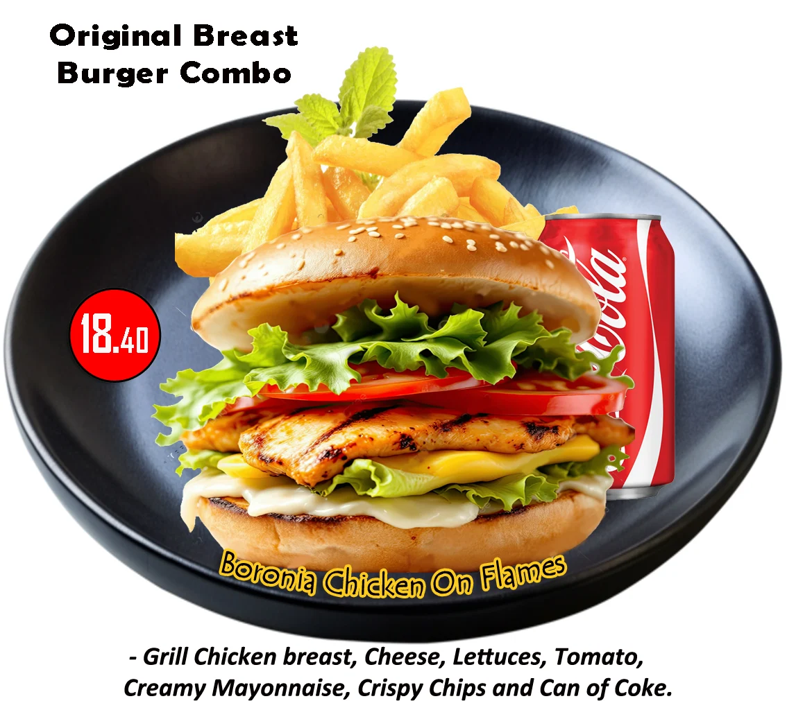 Double Breast Burger, Boronia Chicken on Flames