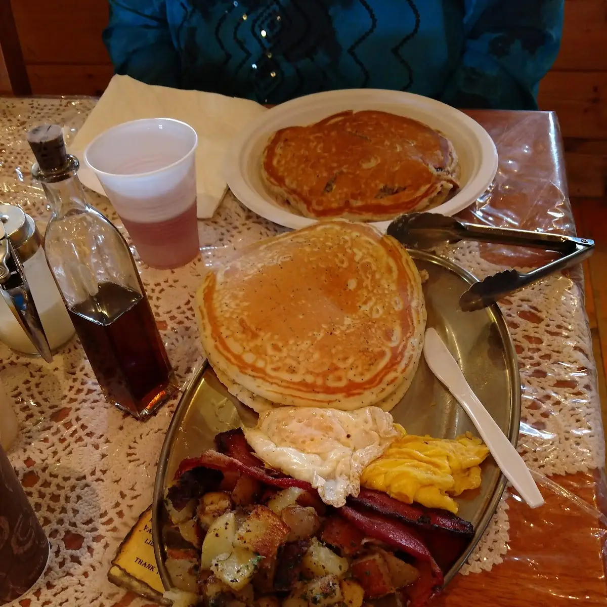 Kids Portion for Two Two Pancakes Two Eggs Two Bacon and Potatoes
