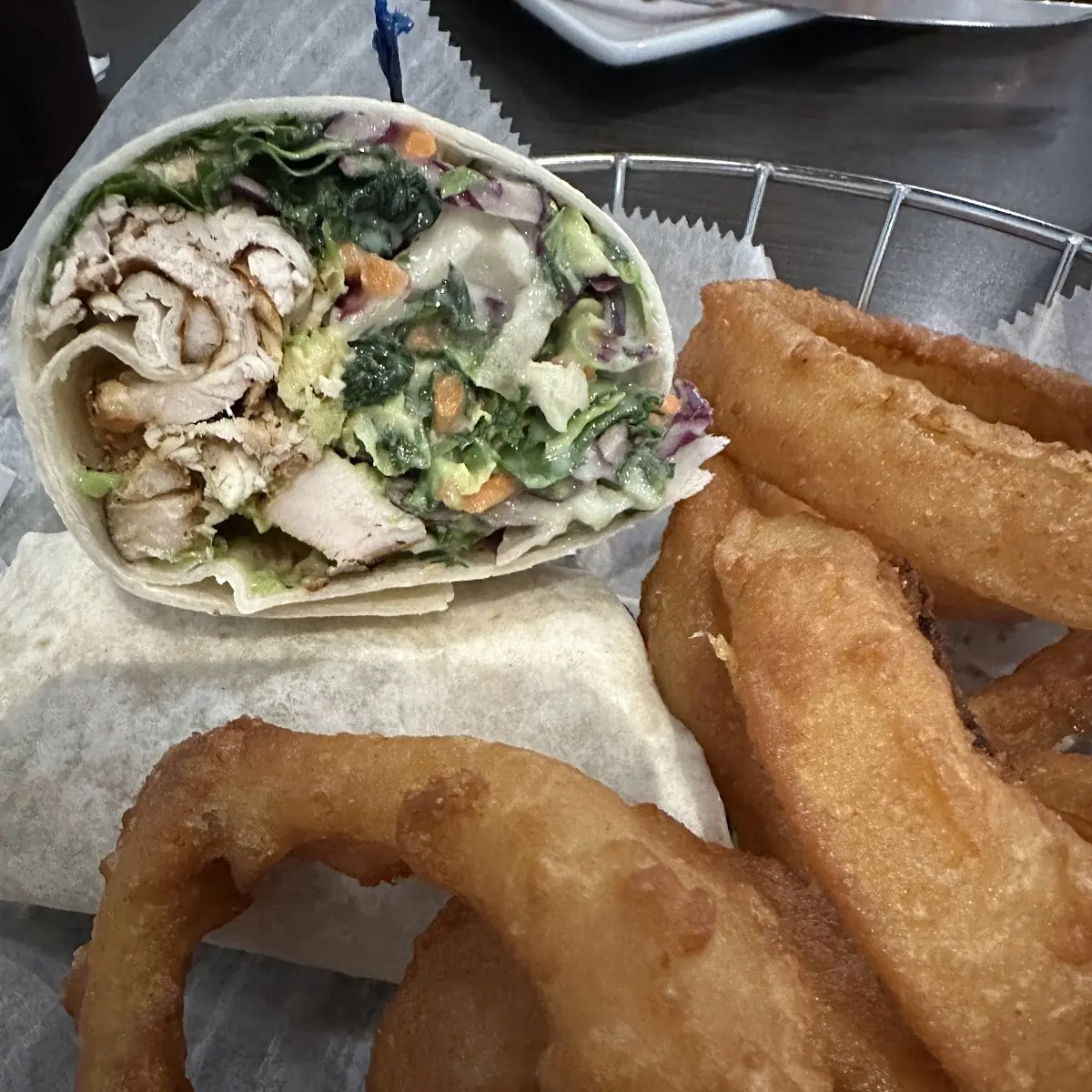 Kale Salad Chicken Wrap with Onion Rings