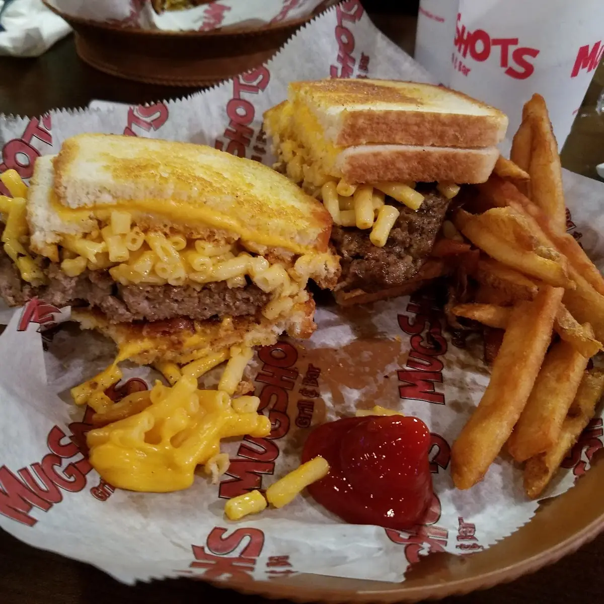 Mac and Cheese Burger with Battered Fried Onion Rings