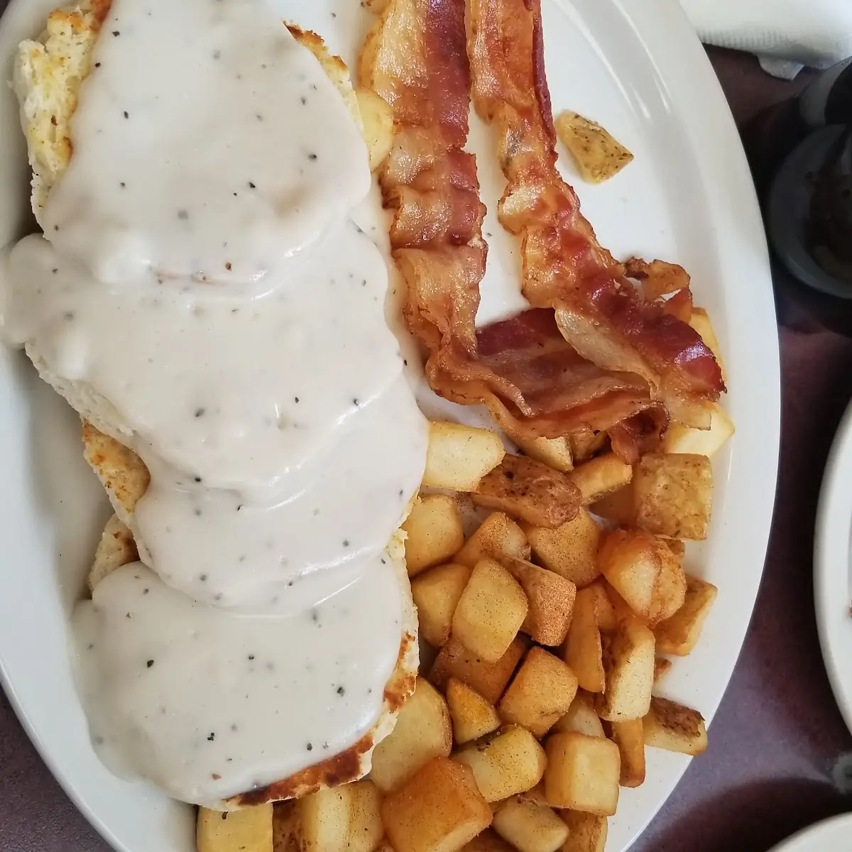 Biscuits and Gravy with Sausage Links and Scrambled Eggs