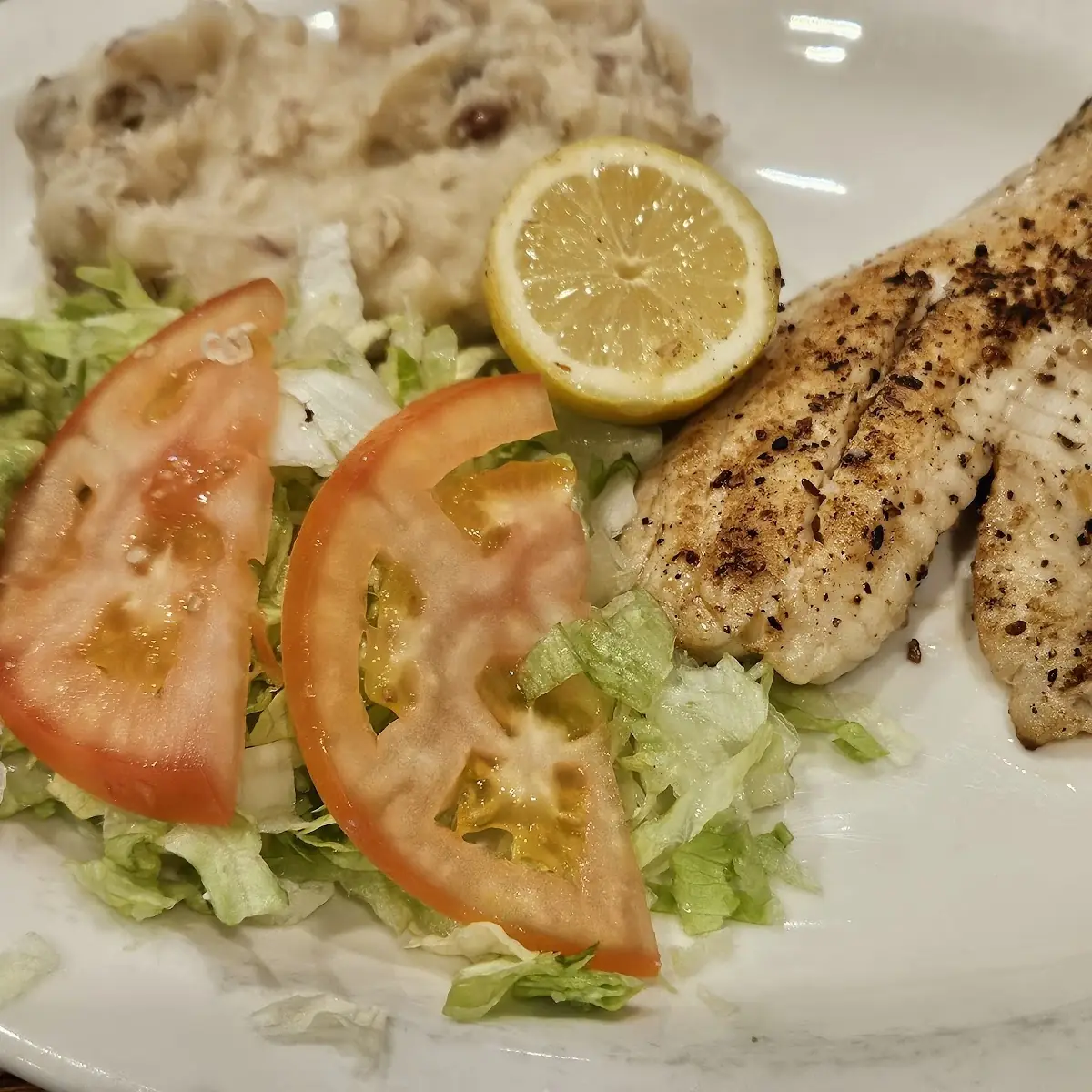 Grilled Tilapia and Guac Salad and Garlic Mashed Potatoes