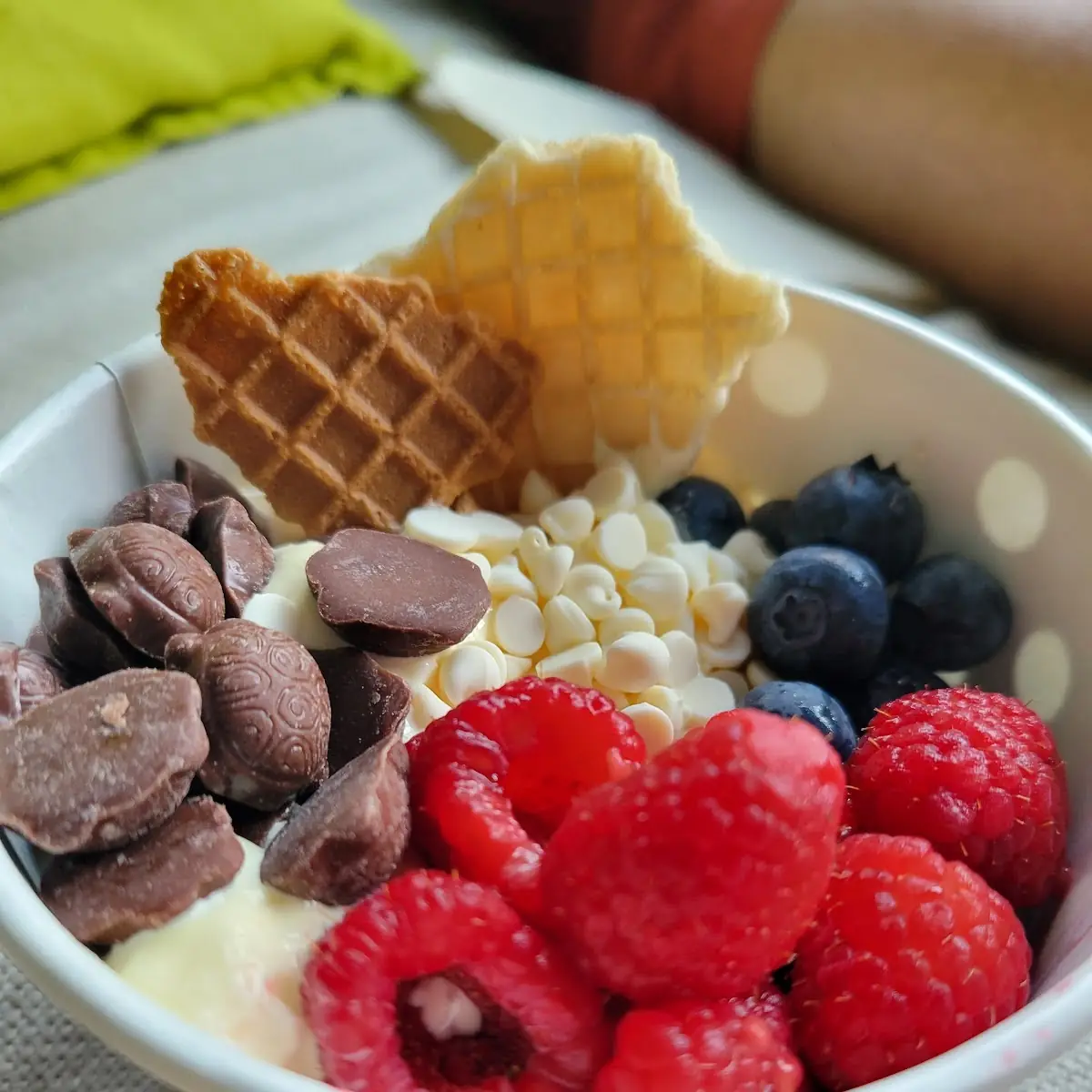 Cake Batter Waffle Cone Bites Blue Berries Chocolate