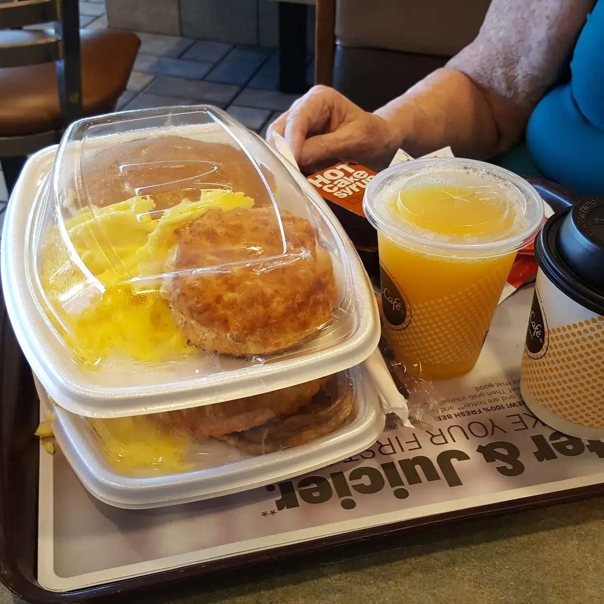 Big Breakfast- Eggs Sausage Pancakes Coffee Orange Juice