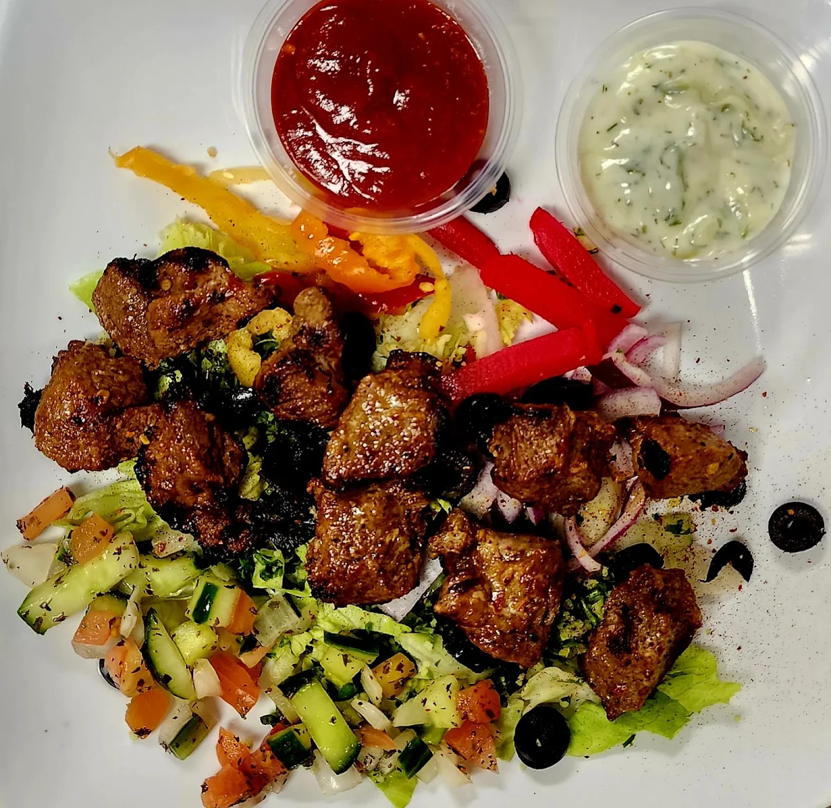 Lamb Kebab with Garlic Sauce and Hot Sauce, King George Donair Halal