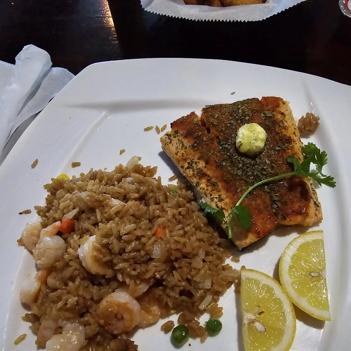 Grilled Salmon and Shrimp Fried Rice