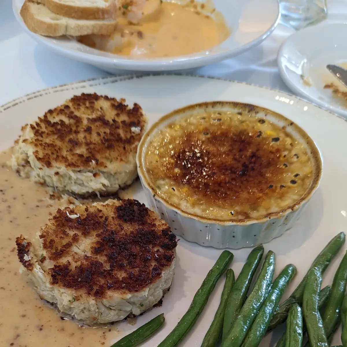 Crab Cakes w Corn Brule and Green Beans