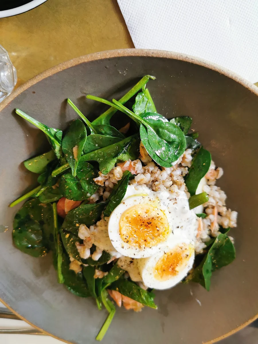 Smoked Trout Israeli Couscous Poached Eggs & Dukkah, Močan & Green Grout