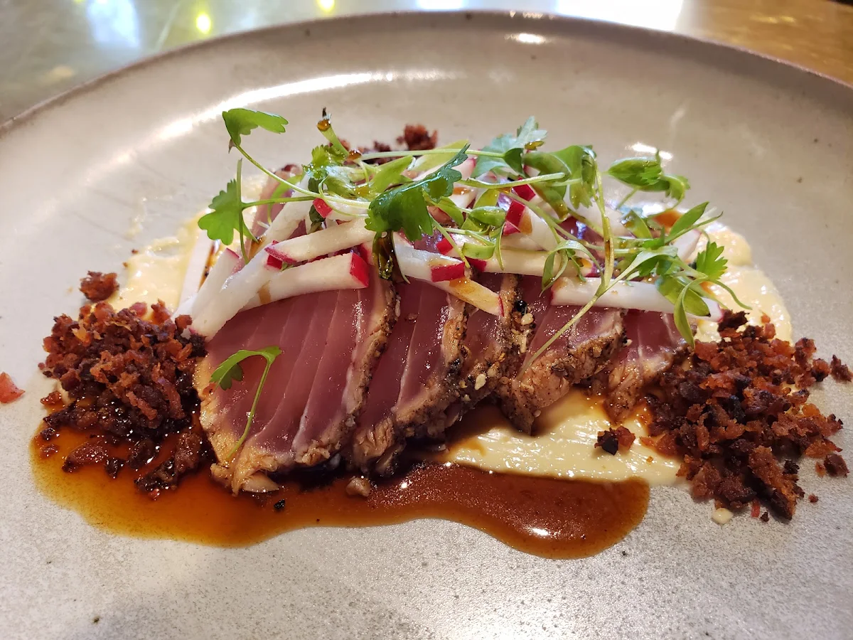 Tuna Horseradish Ponzu with Chorizo Crumb, Močan & Green Grout