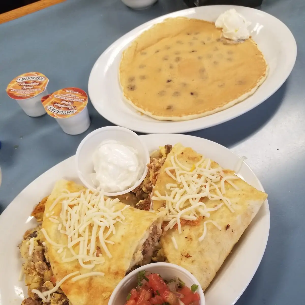 Carnitas Quesadilla Blueberry Pancakes