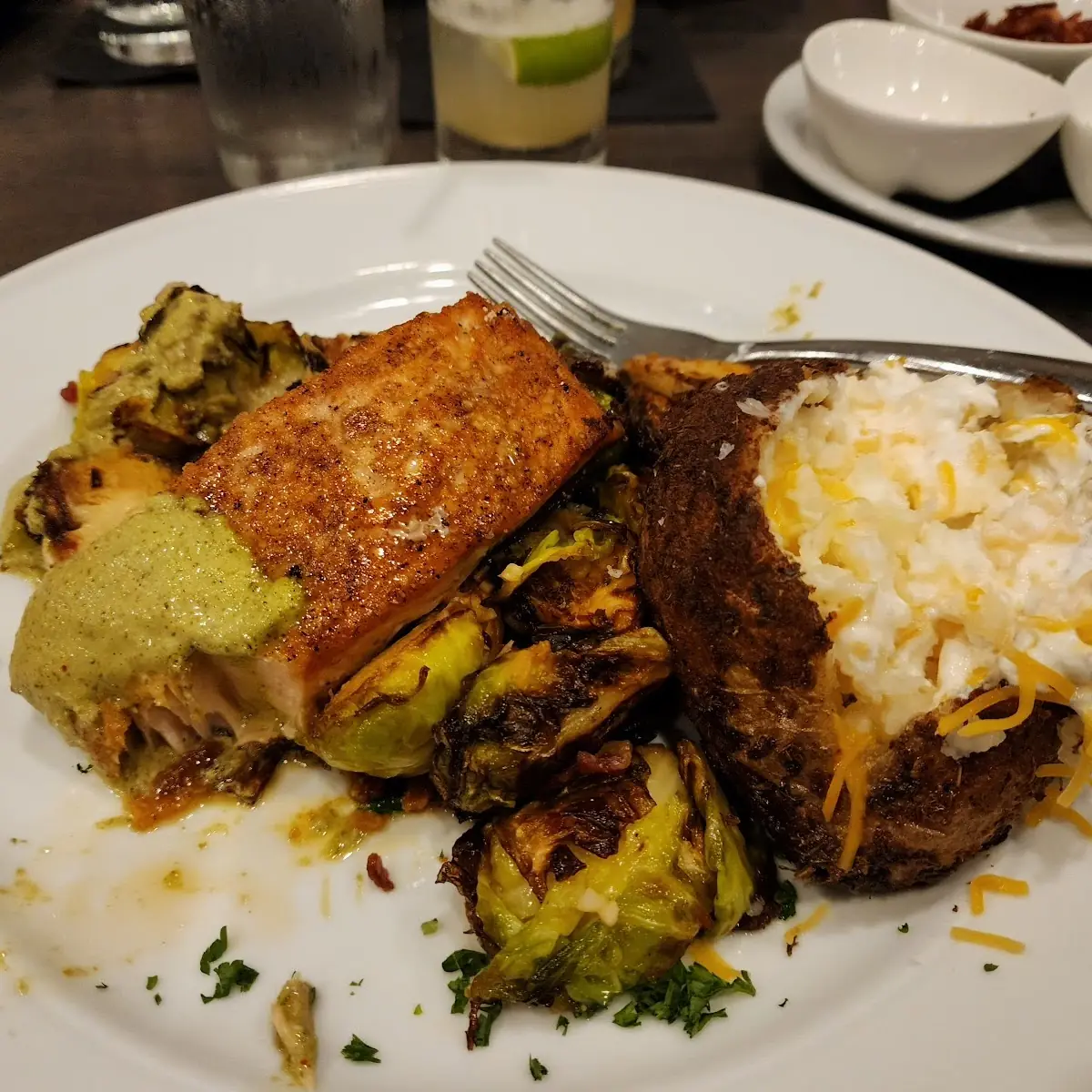 Grilled Salmon Crispy Brussels Sprouts and Baked Potato