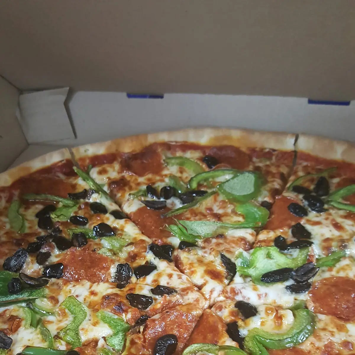 Green Pepper Olive and Pepperoni Thin Crust Pizza