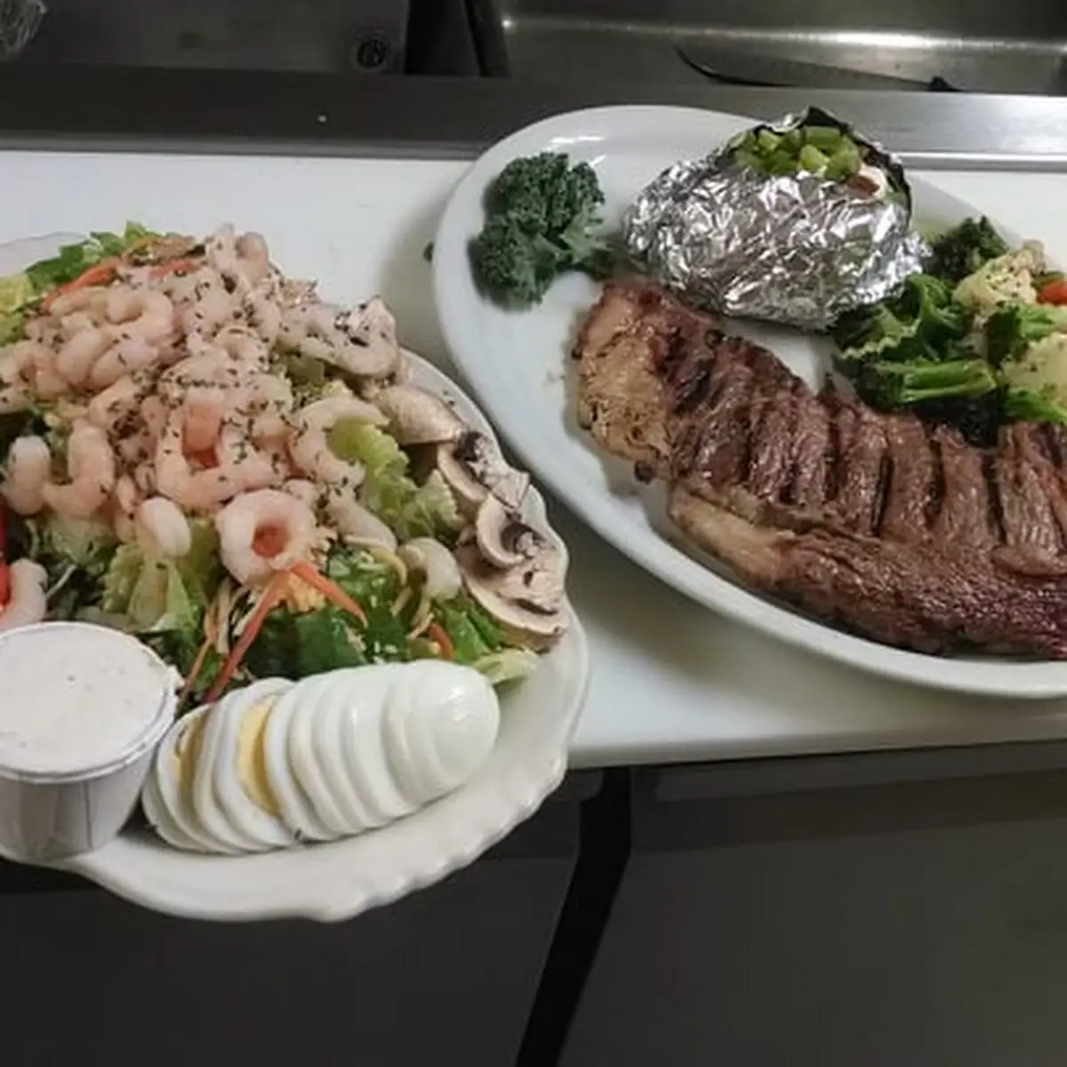 Shrimp Salad and Ribeye Steak