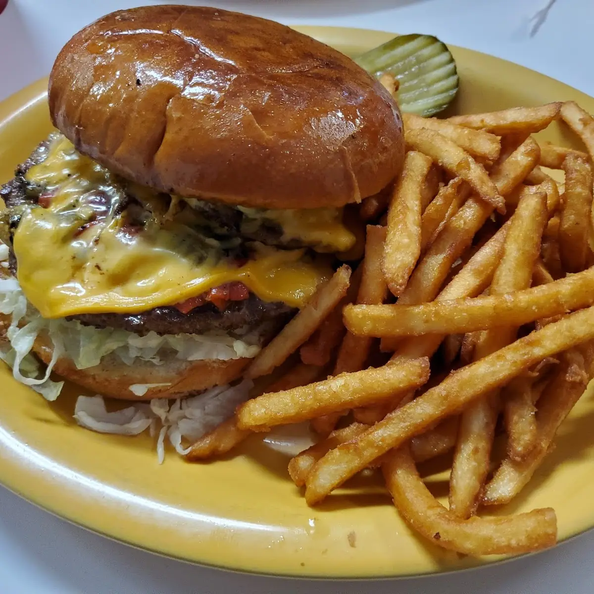 Tom and Marion Double Cheese Burger with Green Chile