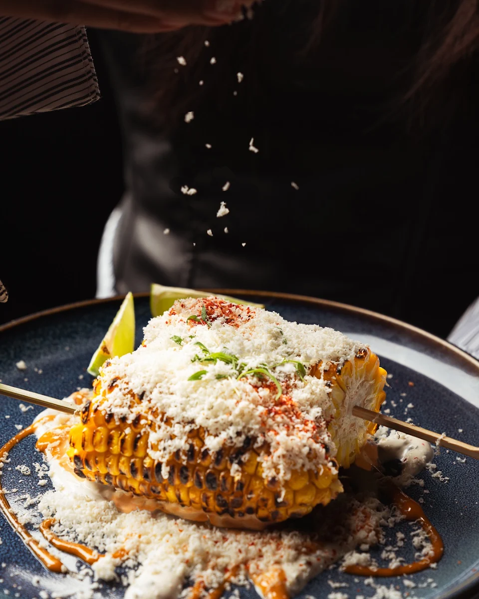 Charred Elote with Chipotle Mayo Lime Crema Ricotta Salata Tajin and Lemon Balmini, Casa De Amor Mexican Bar and Kitchen