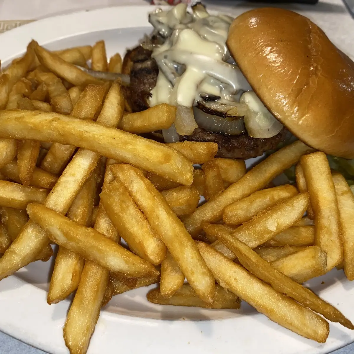 Mushroom Swiss Burger and Fries