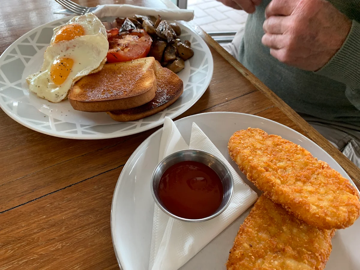 Fried Eggs with Side of Bacon and Hash Browns- GF Bread, Vespas on Oak