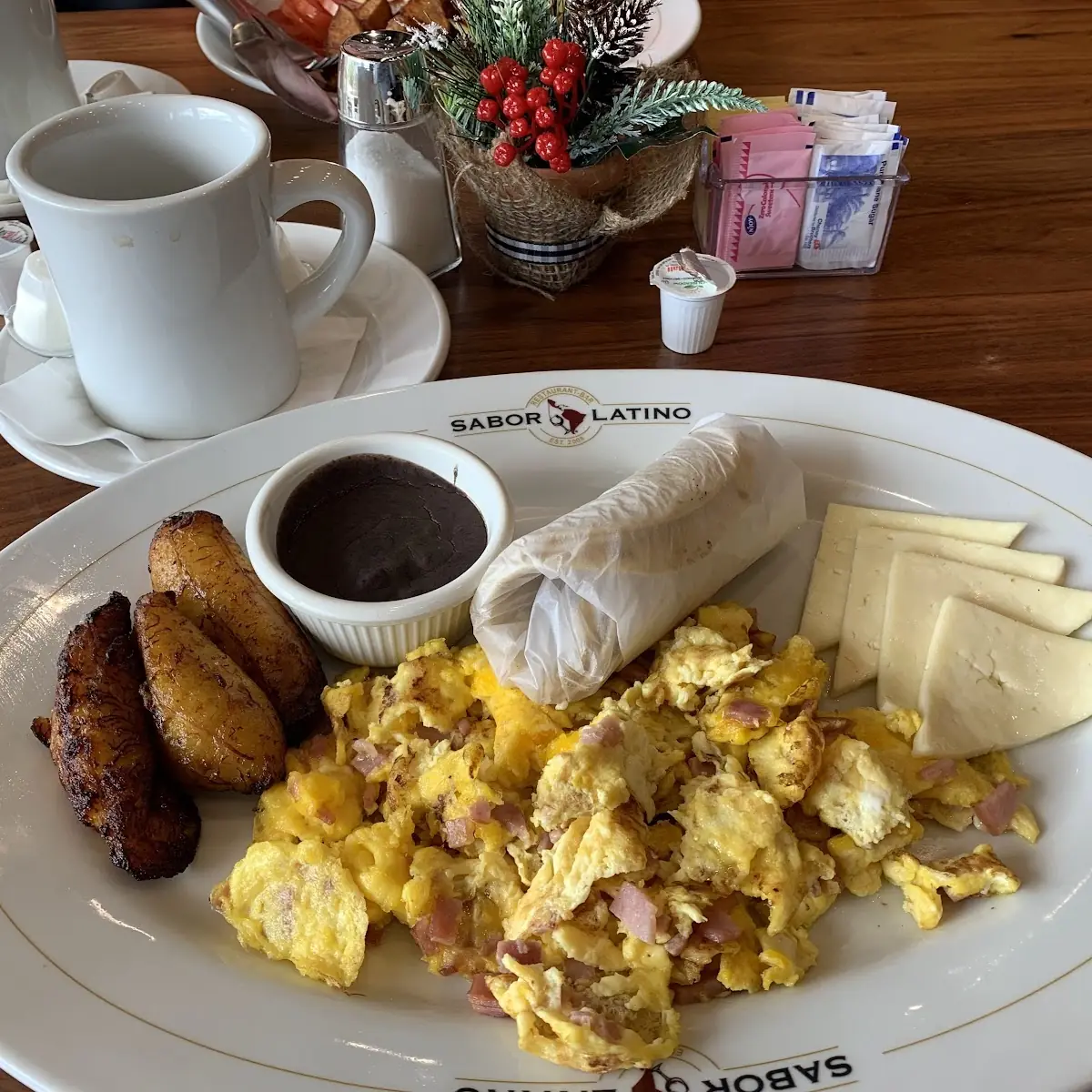 Desayuno Chapin 2 Eggs with Ham Refried Beans Sweet Plantains Queso Blanco Corn Tortillas