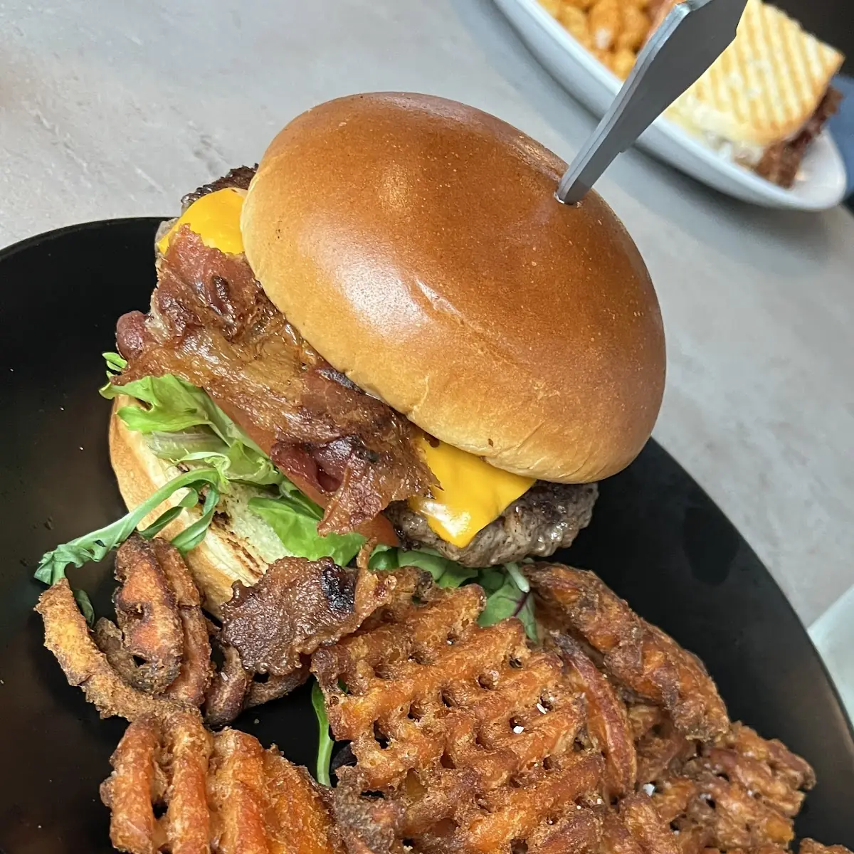 Burger and Crunchy Waffle Fries