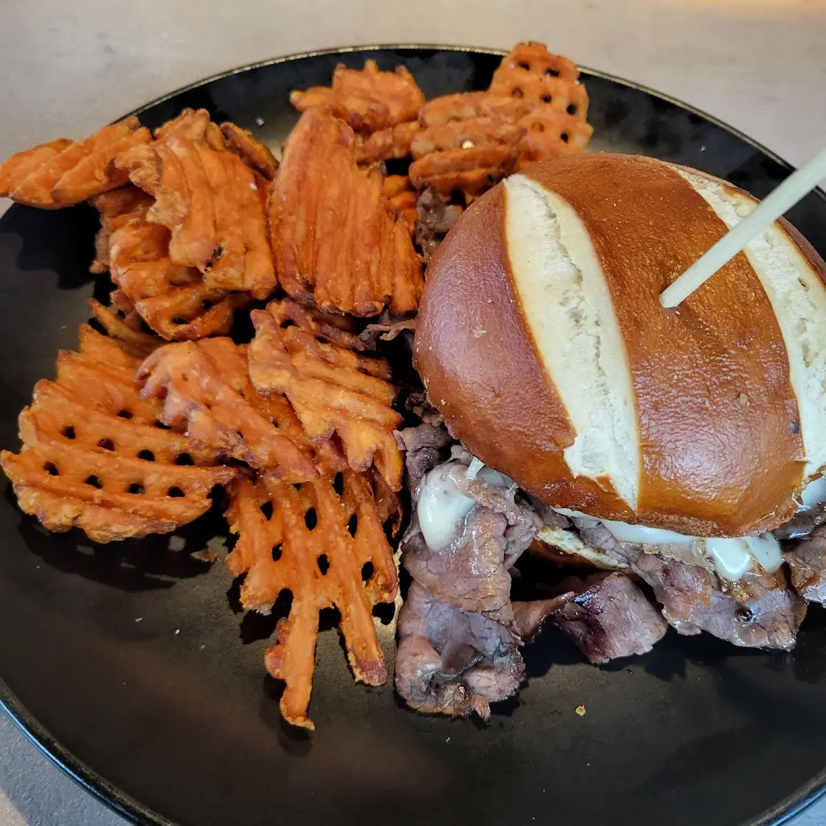 Roast Beef on Pretzel Bun