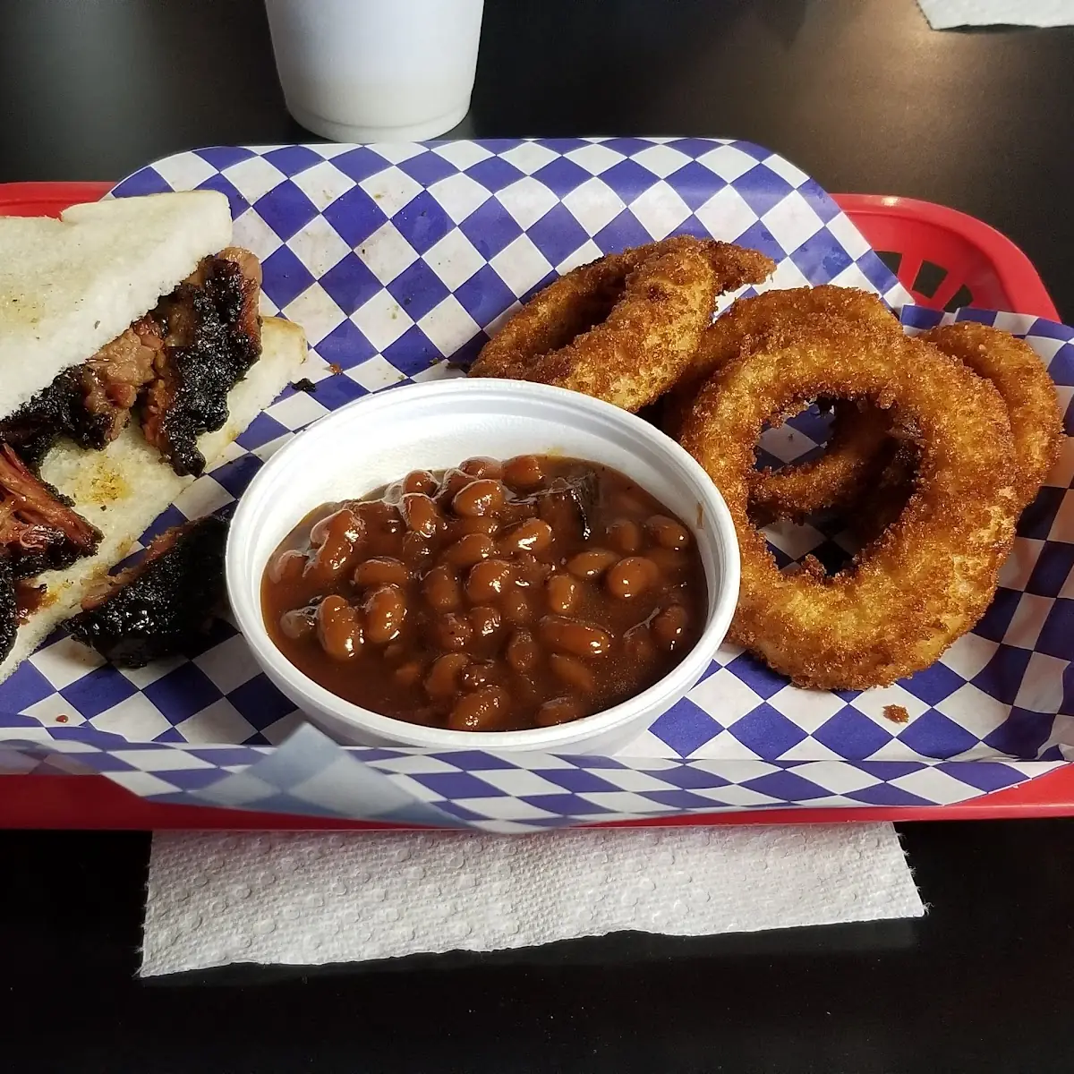 Burnt Ends Sandwich and Beans
