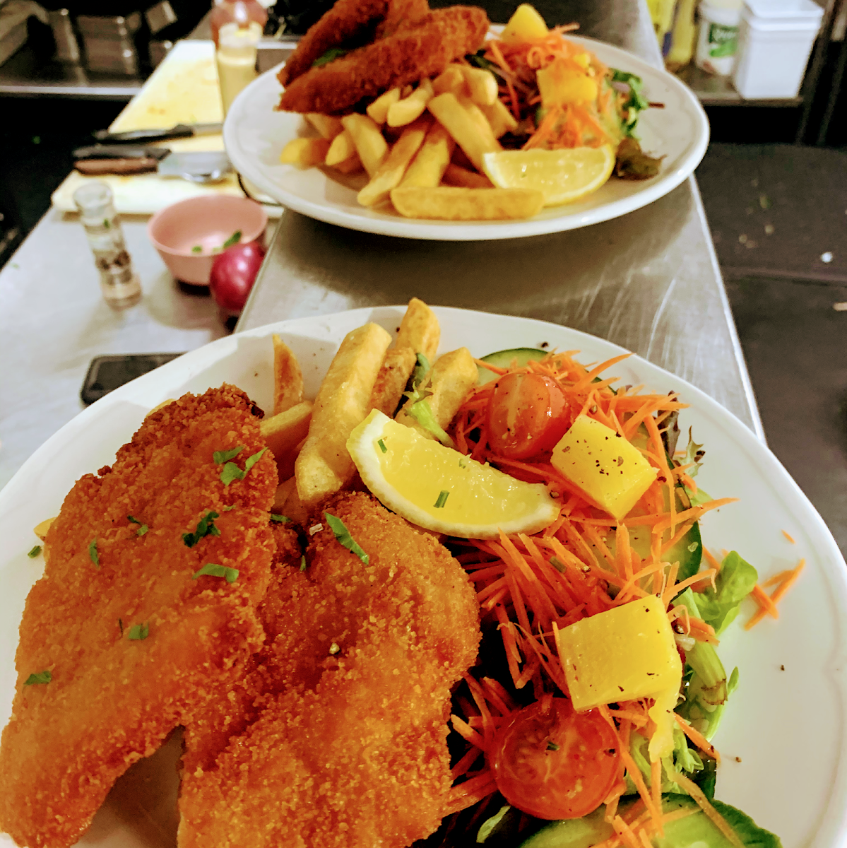 Chicken Schnitzel with Chips and Salad, Clocktower Cafe|Catering