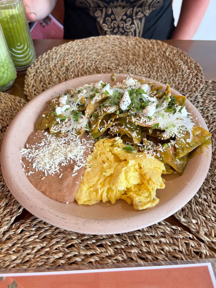 Green Chilaquiles with Refried Beans
