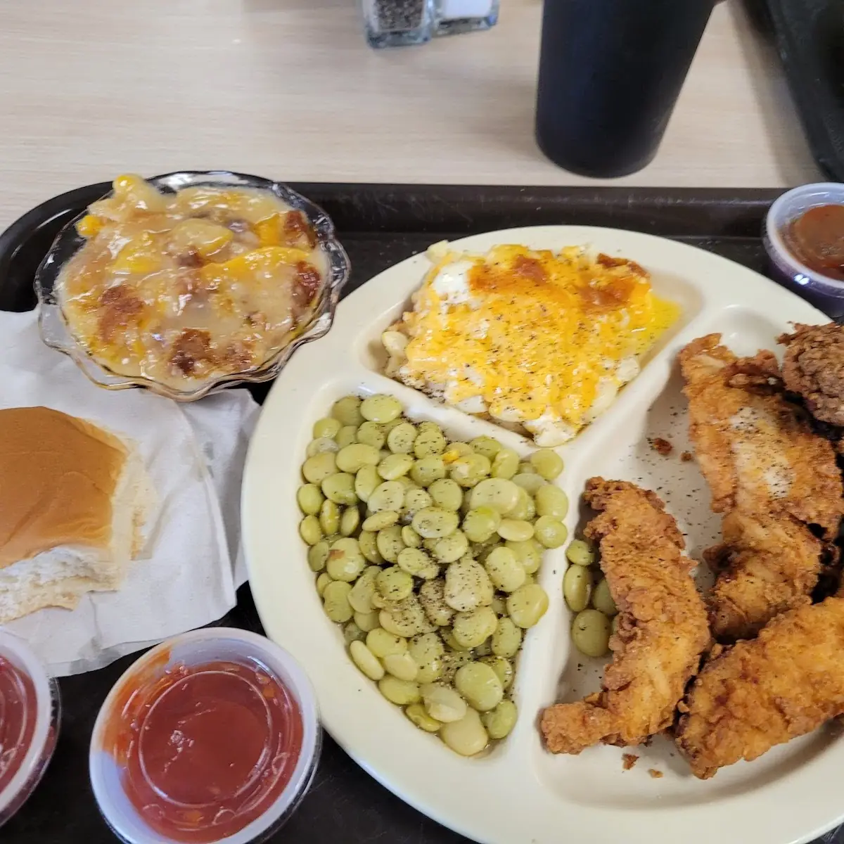 Mac & Cheese Chicken Strips & Blackberry Cobbler