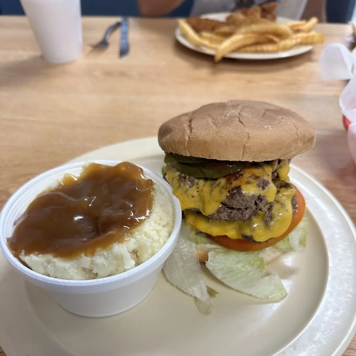 Double Cheeseburger with Mashed Potatoes and Gravy
