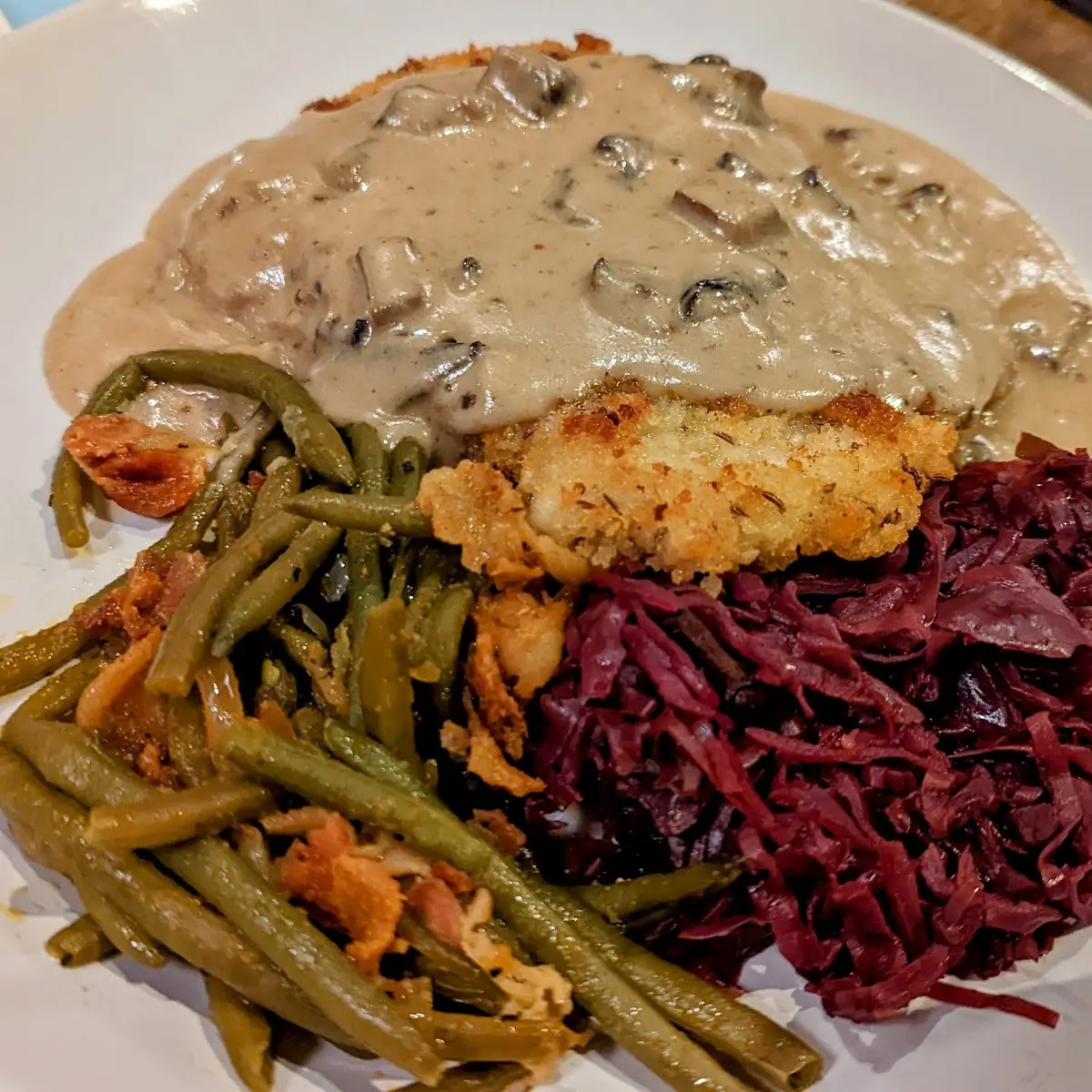 Schnitzel with Spaetzle and Red Cabbage
