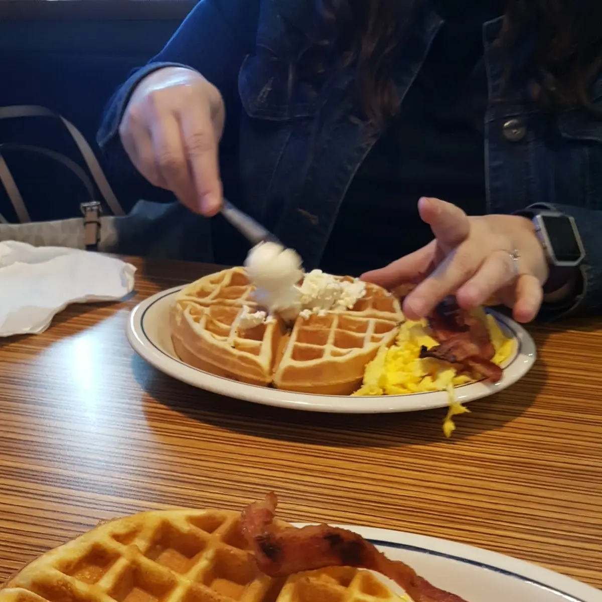 One Waffle Scrambled Eggs and Bacon